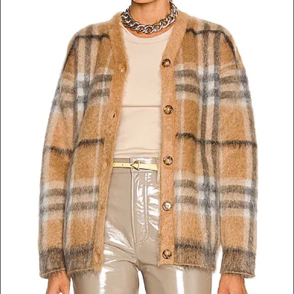 Burberry Sweaters - Burberry Nadeen Mohair Beige Check Cardigan